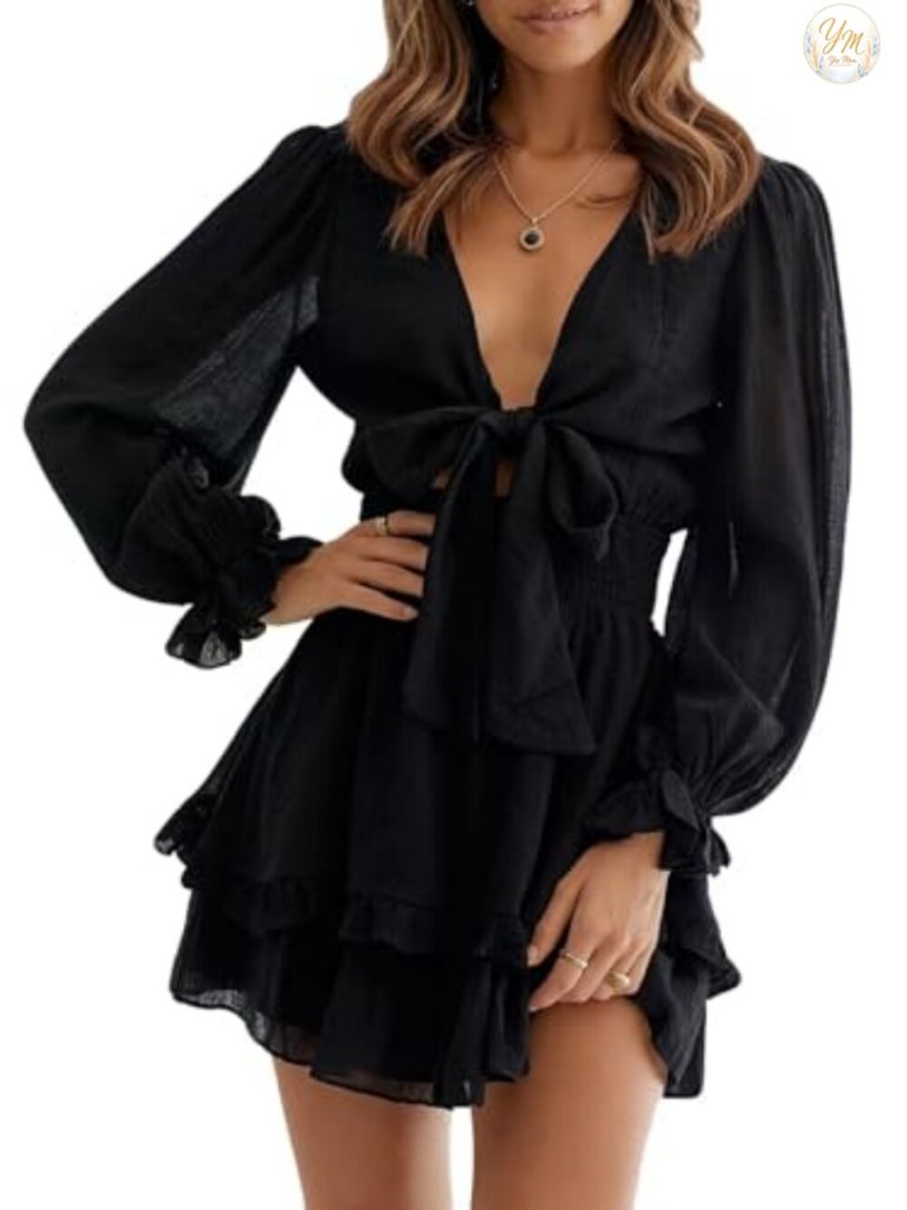 Womens Mini Dress Deep V Neck Tie Knot Long Sleeve Swing Dress